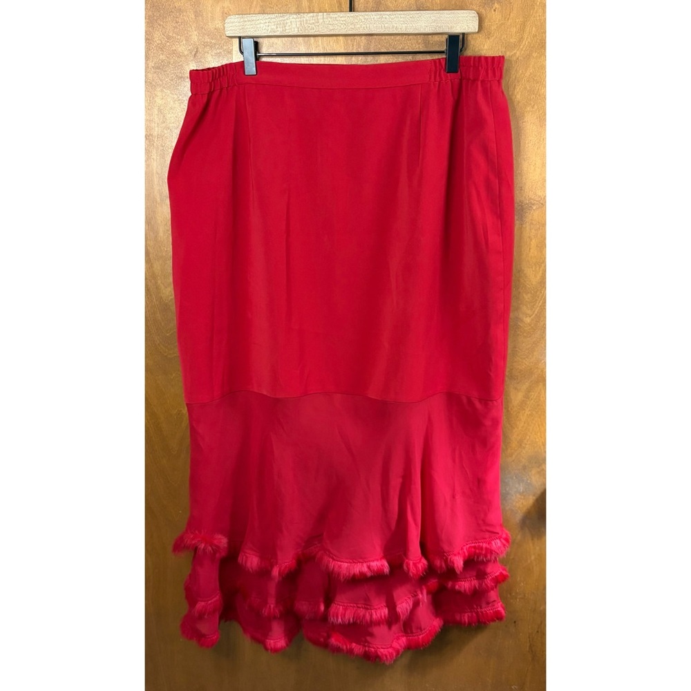 Vintage Red Faux Fur Feather Tiered Maxi Skirt 20 Retro 80s Pinup Rockabilly Mod
